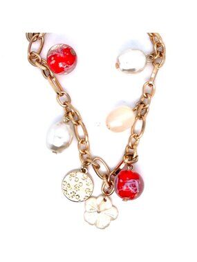 Red Ball, White Flower, Circle‎ Disc, Pearl Charm Necklace (n3)